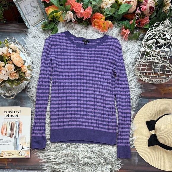 Talbots Cotton Blend Purple Striped Women's Lightweight Cable Knit Sweater - Picture 4 of 11